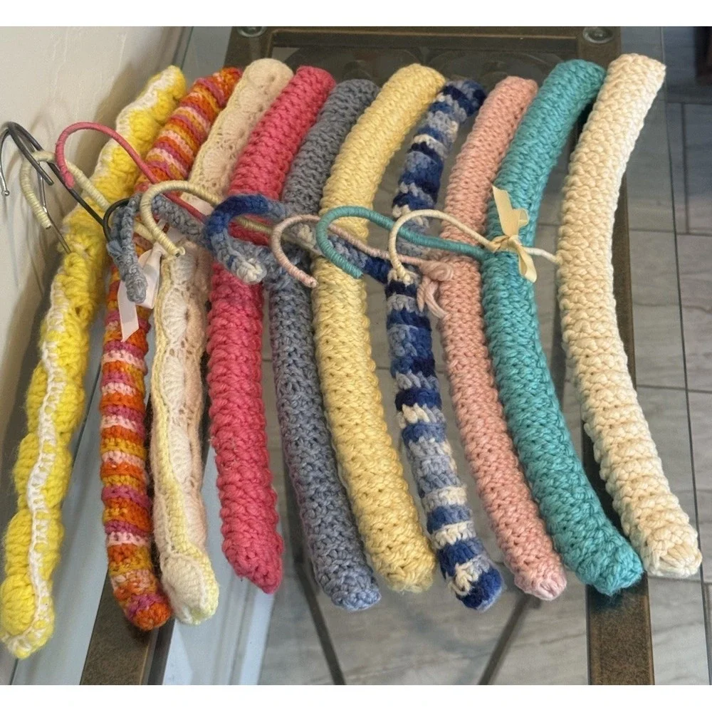 10 PC Vtg 70s Handmade Crochet Padded Clothes Hanger Lot Retro Cottagecore Boho